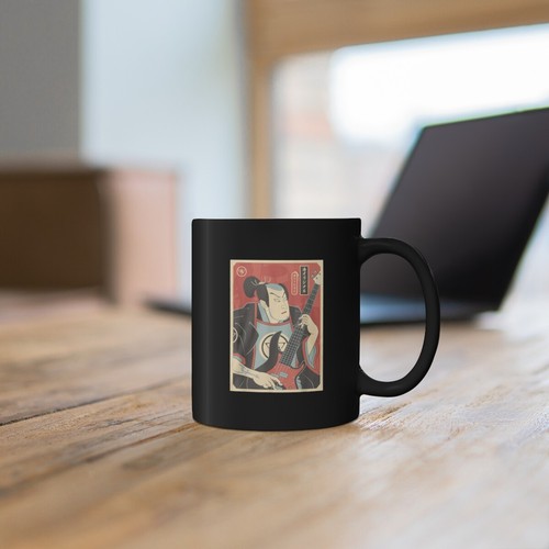 Retro Style Samurai Guitarist Ronin Bushido Warrior Japan Katana 11oz Black Mug - Picture 7 of 7