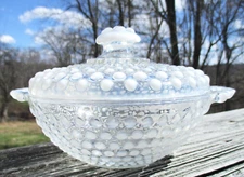 Moonstone Opalescent Hobnail Covered Candy Dish with Handles 1940's