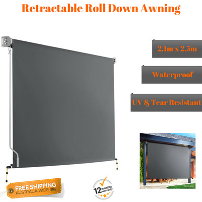New Grey Roll Down Awning Retractable Hand Crank Privacy Screen