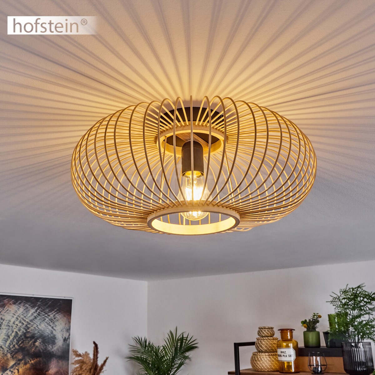 Schlaf Wohn Zimmer Beleuchtung Bambus 3-flammig Decken Lampen Leuchte Boho Style