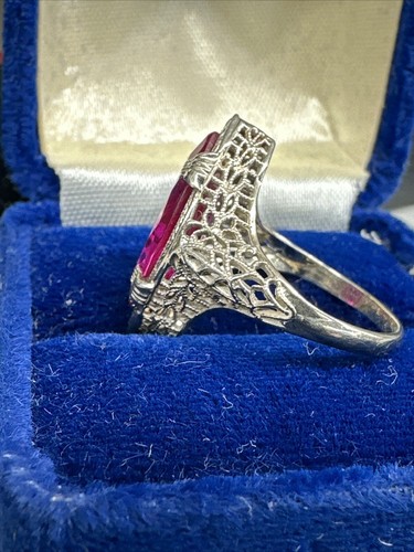 Filigree Art Deco 14kt White Gold- Ruby Red Color Marquise Cohen & Platzer - Picture 5 of 9