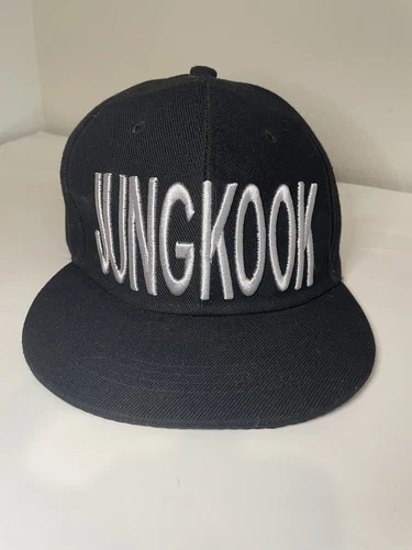 BTS Jungkook Embroidered Snapback Baseball Hat Black White K-Pop KPOP Spellout