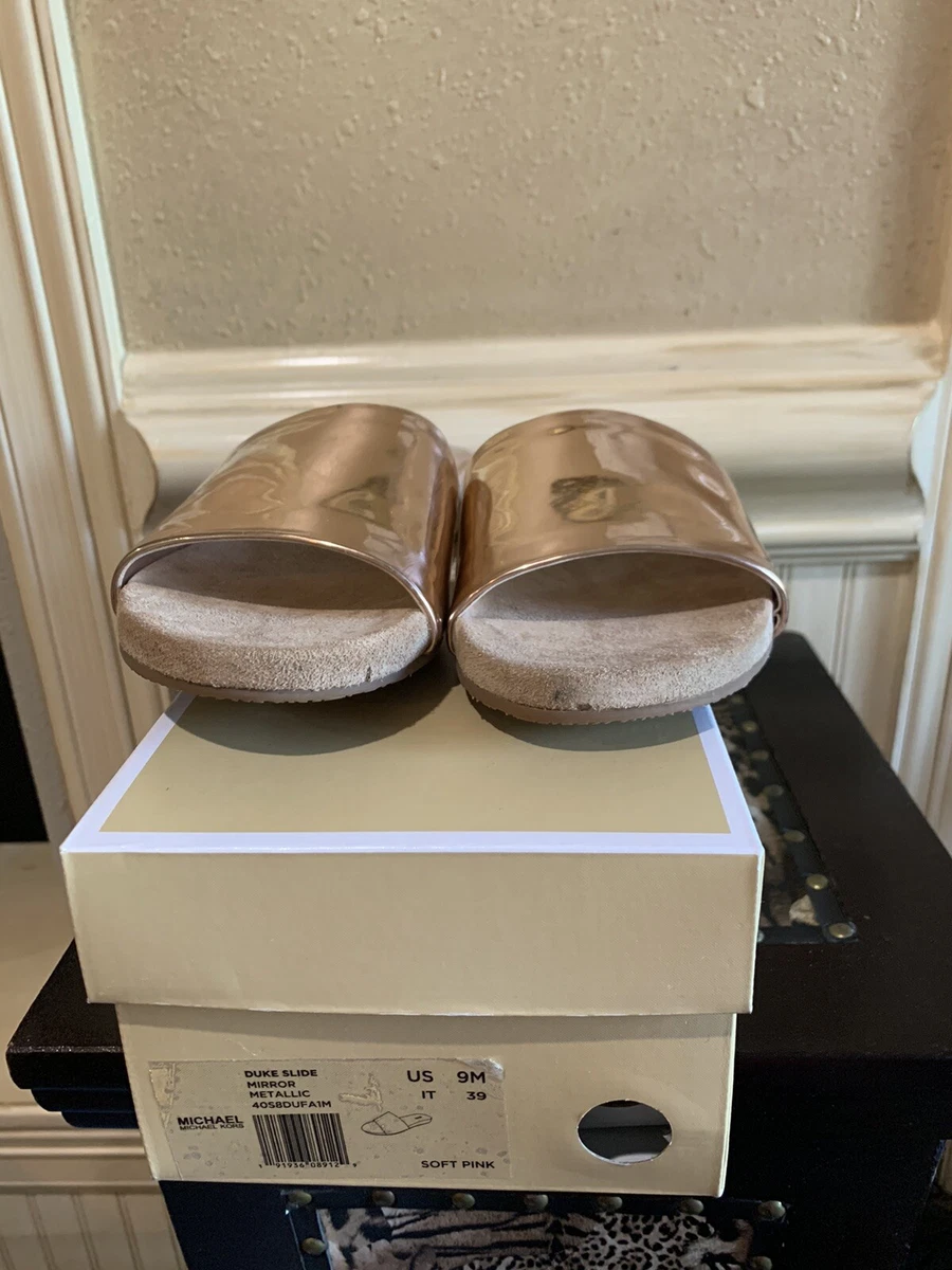 NIB MICHAEL KORS DUKE MIRROR METALLIC PU SLIDES SANDALS SZ 9 eBay