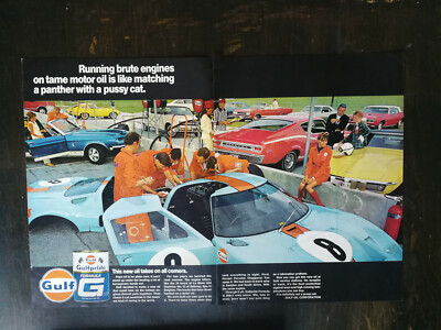 Vintage 1968 Gulf Formula G Racing Motor Oul Two Page Original Color Ad - 521