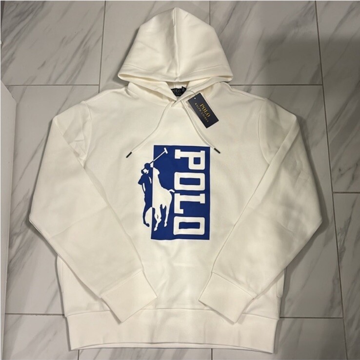 Polo Ralph Lauren grande e alta uomo doppia maglia pony felpa con cappuccio bianco blu nuova