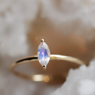 Marquise Rainbow Moonstone Vertical Ring 14k Yellow Gold Valentine GIft Jewelry