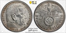 PCGS MS63 1938-D 5 Reichsmark Hindenburg J-367 Third Reich Silver Germany 010