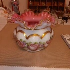 FENTON GLASS 1950'S Peach Crest CHARLETON Rose Bowl Melon Vase Ruffled Rim