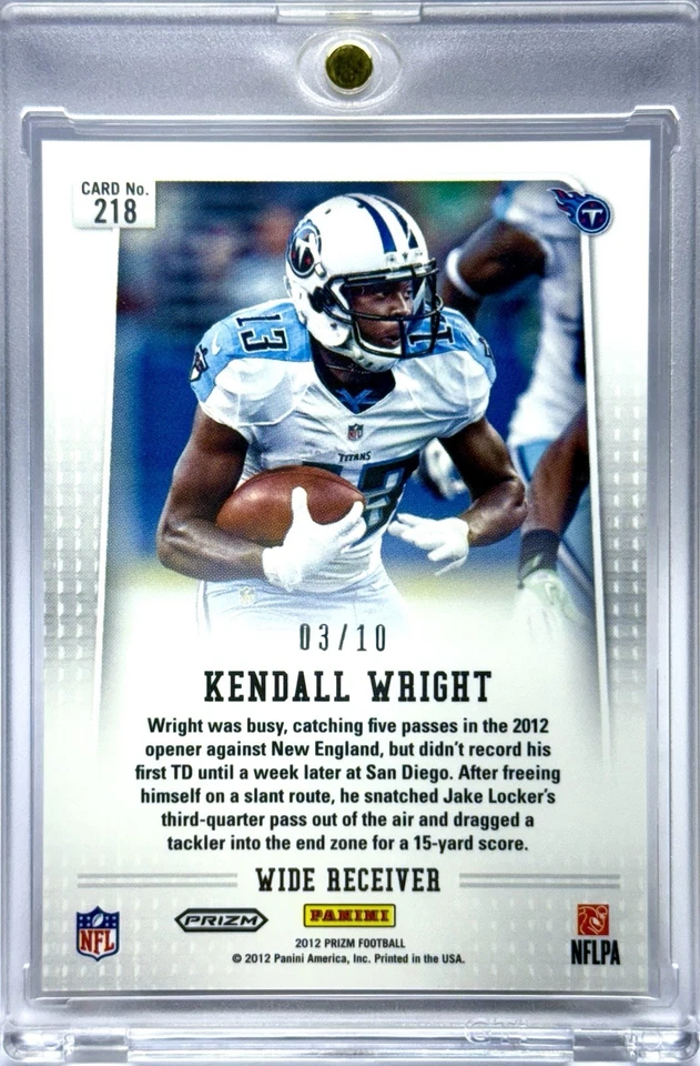 2012 Panini Prizm Kendall Wright /10 PRIZM GOLD #03/10 RC #218 Titans Rookie - Image 3 of 3
