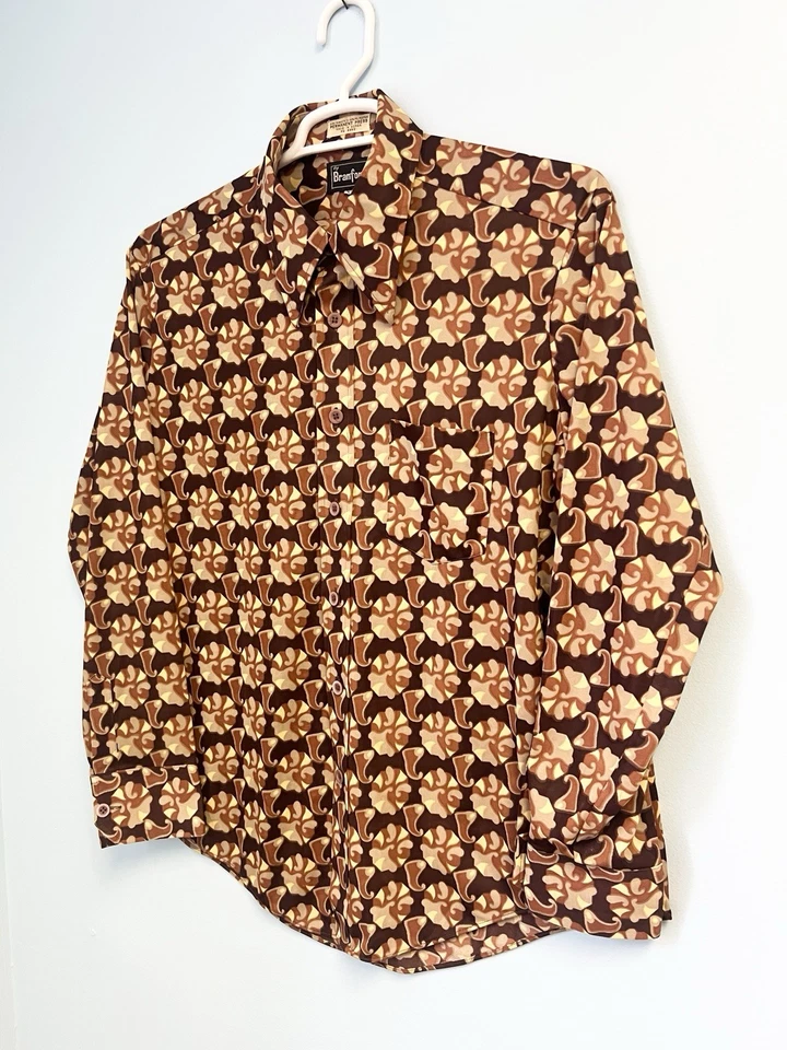 Vintage 70s Branford Button Up Shirt XL Disco Mod Geometric Brown Orange - Image 3 of 4