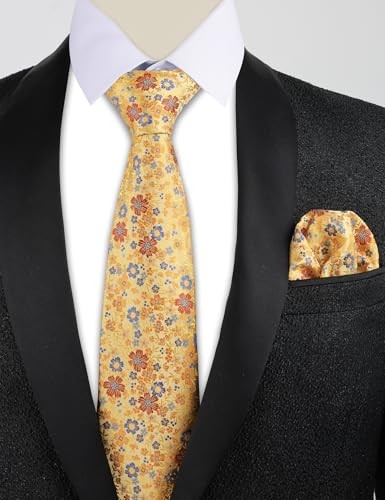 Mens Floral Necktie with Pocket Square for Wedding Party Tie 129-yellow Orange - Bild 5 von 5