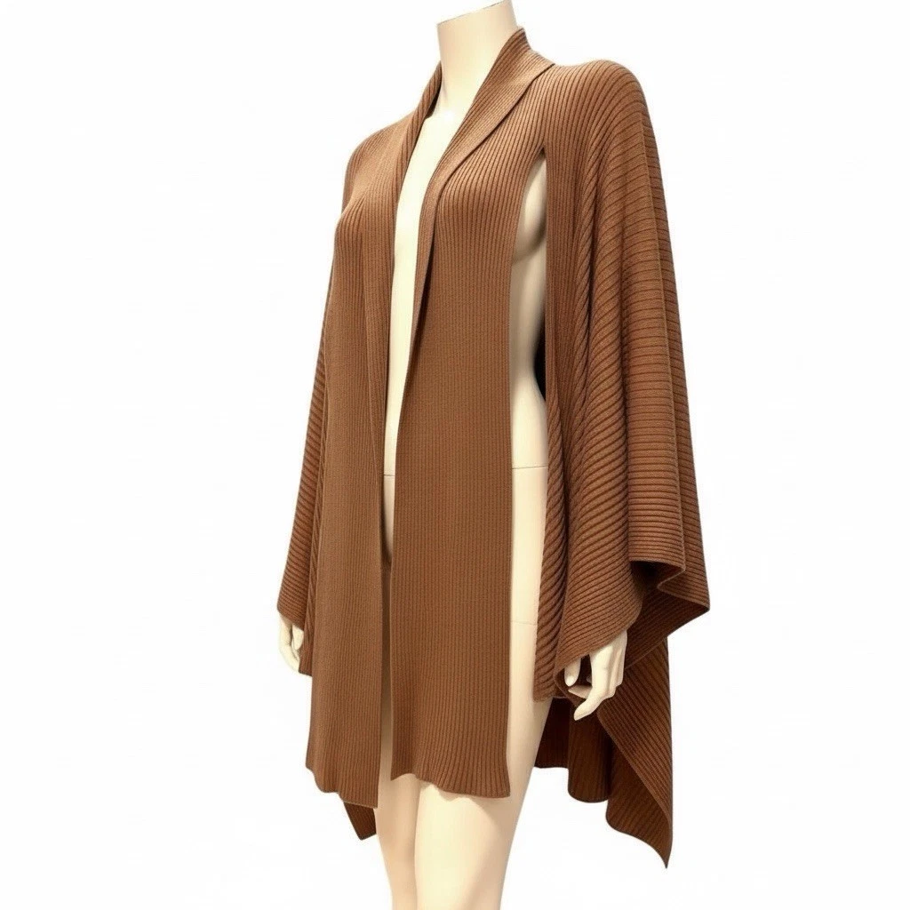 Chicos Ribbed Knit Duster Shawl Wrap Blanket Brown Cardigan 3 Way Poncho OS