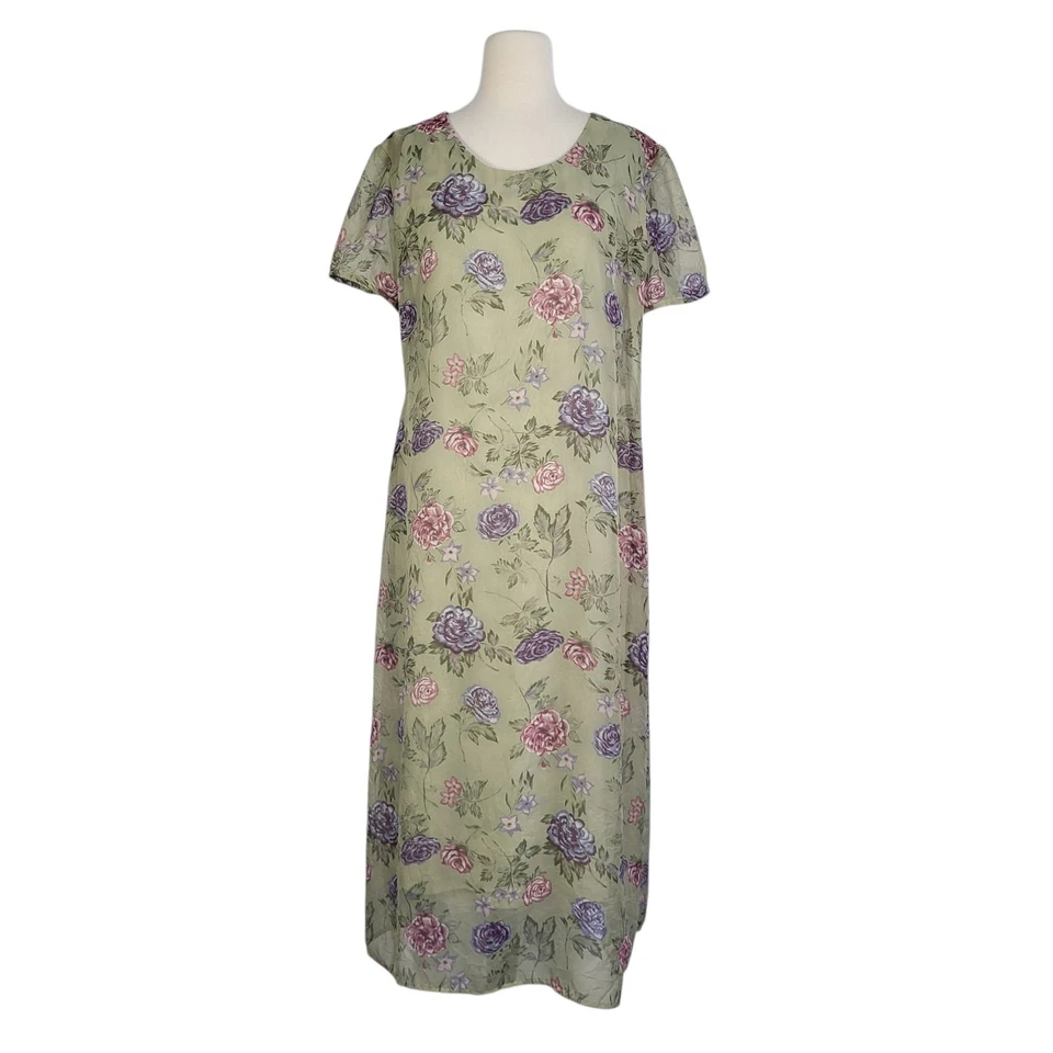 Vestido recto vintage Cottagecore 14 pequeño verde rosa inglesa floral jardín hada Foto 3 de 4
