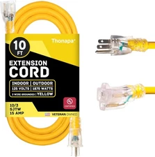 10 Gauge Extension Cord 10 ft, Weatherproof Heavy Duty 10 Foot, Yellow 