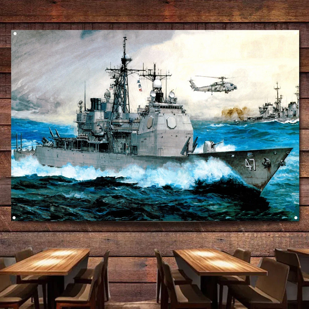 USS Ticonderoga CG-47 Cruiser Posters and Prints Wall Art Hanging Flag As Gifts