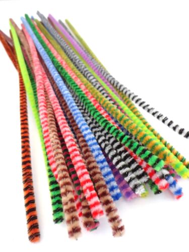 Pipe Cleaners Chenille Striped Tiger Tails Colours 12" - 30cm Animal Hair - Afbeelding 1 van 3