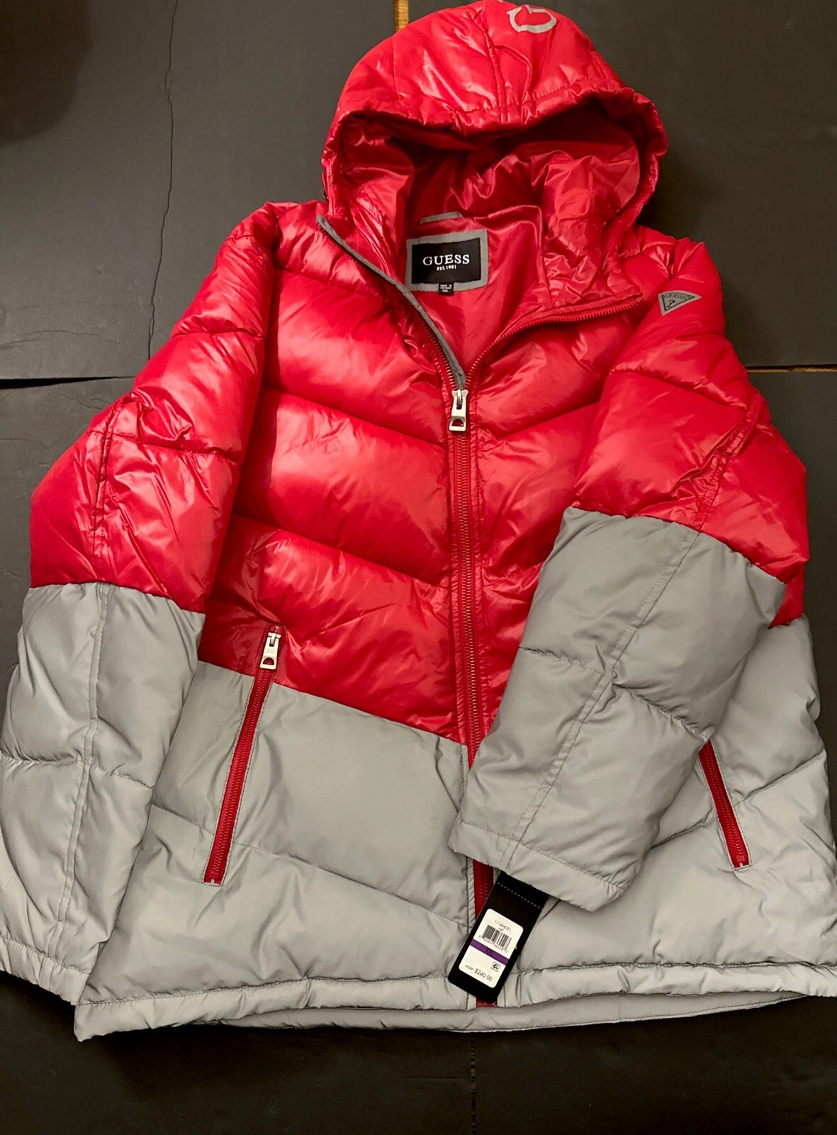 NEW GUESS Men's Puffer Jacket Red / SILVER REFLECTABLE Lined Insulated Size XXL