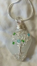 White tree of life Sea Glass pendant S.P. chain