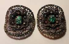 Vintage Large Signed Musi Silver Tone Filigree Cabochon Rhinestone Shoe Clips