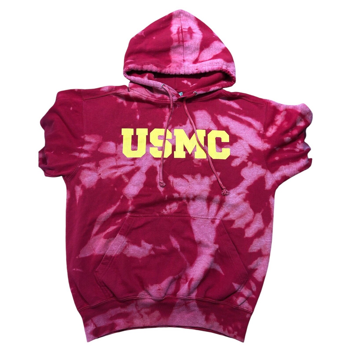 Vtg USMC Red Hoodie Graphic Military Tie Dye Acid Wash Sweatshirt