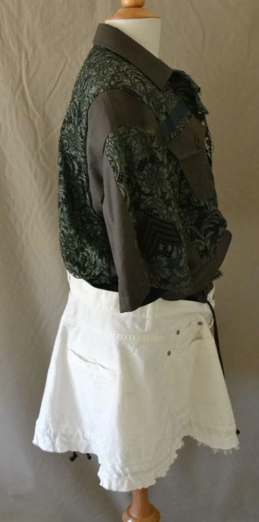Abito Sacai verde oliva pizzo top bianco fondo demin toppe esercito taglia 2 media