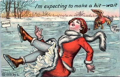 Girl Falls Ice Skating - I'm Expecting to Make a Hit, Wait- 1910 d/b Postcard