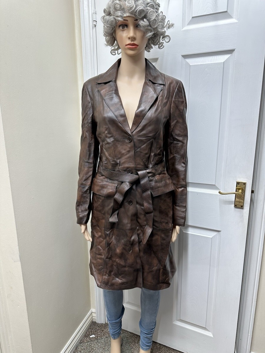 Marks And Spencer Vintage Real Leather Long Belted Coat Size 10