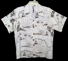 Vin Sz 2XL 70's Made in Hawaii Aloha Shirt Map of the Sandwich Isles White/Brown