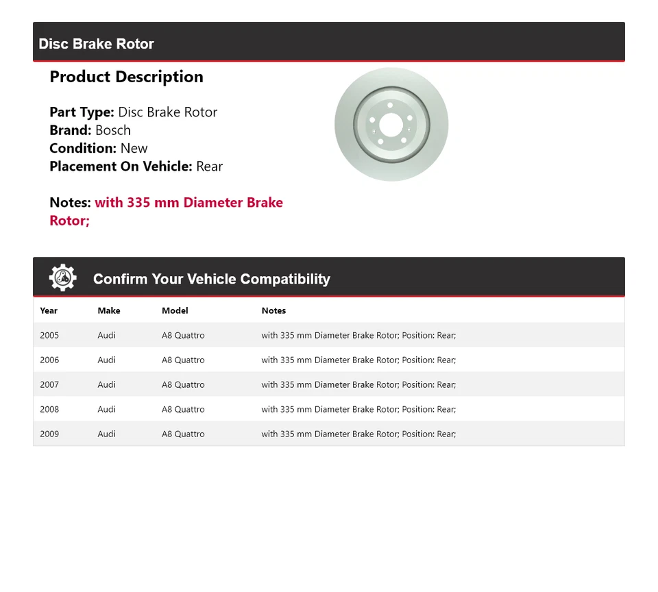 Rotor de freno de disco trasero QuietCast Bosch 2005-2009 para Audi A8 Quattro 2006 2007 Foto 2 de 4