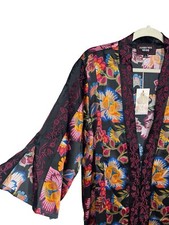 Johnny Was L Sidonia Kimono Black Floral Print Embroidered Silk Jacket 350