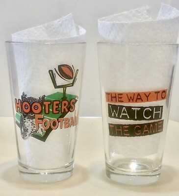Pair of HOOTERS 18oz Oversized Pint Glass Football  Way To Watch The Game  6.5''