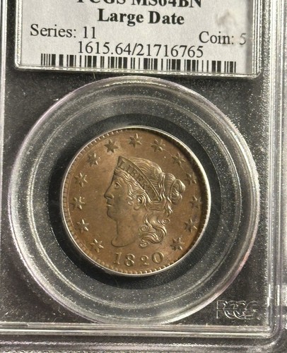 1820 Coronet Head Large Cent: PCGS MS64BN Large Date - Bild 3 von 4