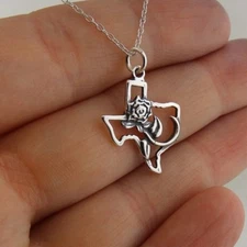 Rose of Texas Charm Necklace - Sterling Silver State Outline with Flower Stem