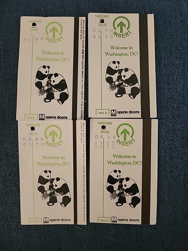 4 Washington DC Metro Subway Ticket Panda Bears WMATA Paper Fare Cards