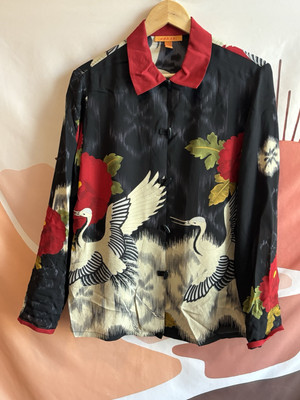 Harari Silk Black Asian Inspired Art To Wear Button Down Blouse Women s Size S
