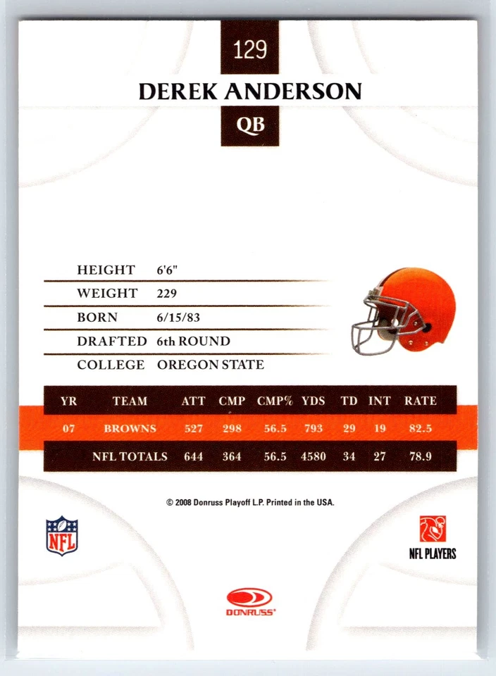 2008 Donruss Threads Derek Anderson Cleveland Browns #129 - Image 2 of 2