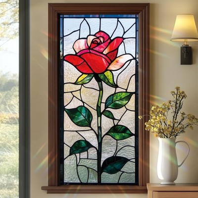 Red Rose Stained Glass Window Film 17.71x39.97 Inch Decorative Floral Static ...