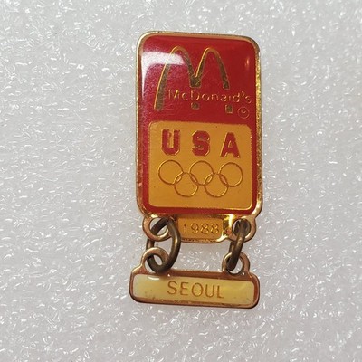 McDonald's Olympics USA Seoul 1988 Pin Gold Tone Lapel Dangle Vintage