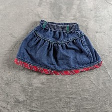 VTG OshKosh B Skirt Kids Girls 5 Blue Denim Plaid Trim Elastic Waist USA Made