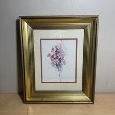 Vintage Floral Wall Art -1988 Lithograph Flower Picture in Gold Frame Matted