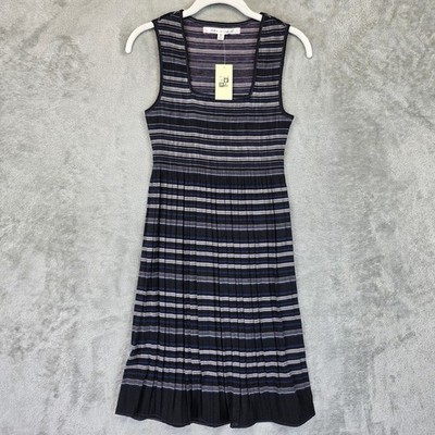 Max Studio Dress Womens S Dark Navy Black Striped Sleeveless Pleated Knit  New