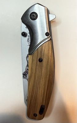 8'' Wood Handle Assisted Open Folding Blade Pocket Knife Wolf