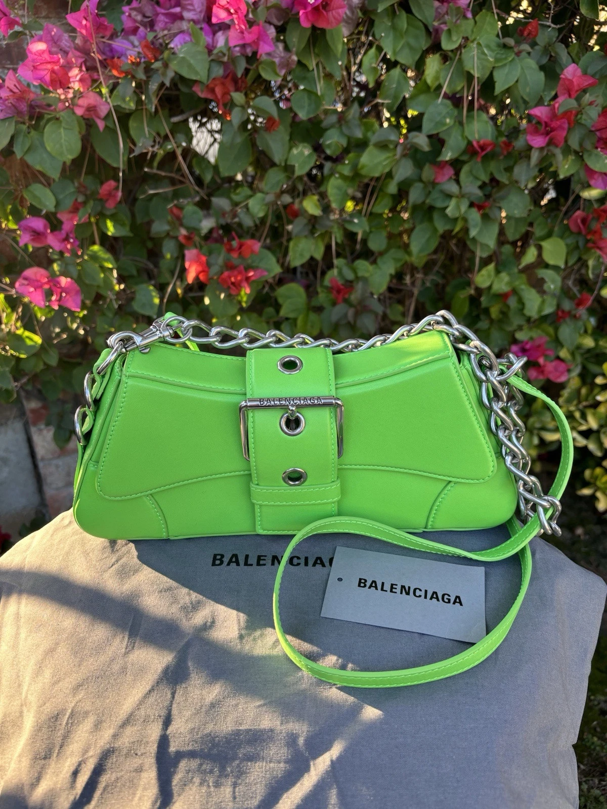 NWT $2190 Balenciaga Lindsay Leather Flap Chain Shoulder Bag Acid Green