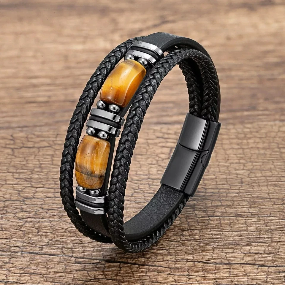 Brazalete trenzado de cuero para hombre ojo de tigre fuerza de piedra acero inoxidable Foto 4 de 4
