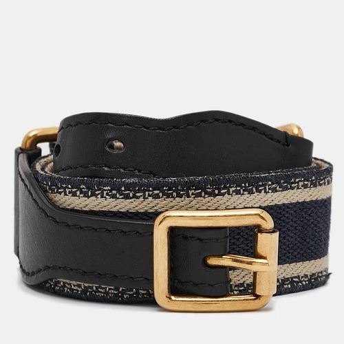 Ceinture Dior bleu marine en toile brodée et cuir noir boucle 80 cm