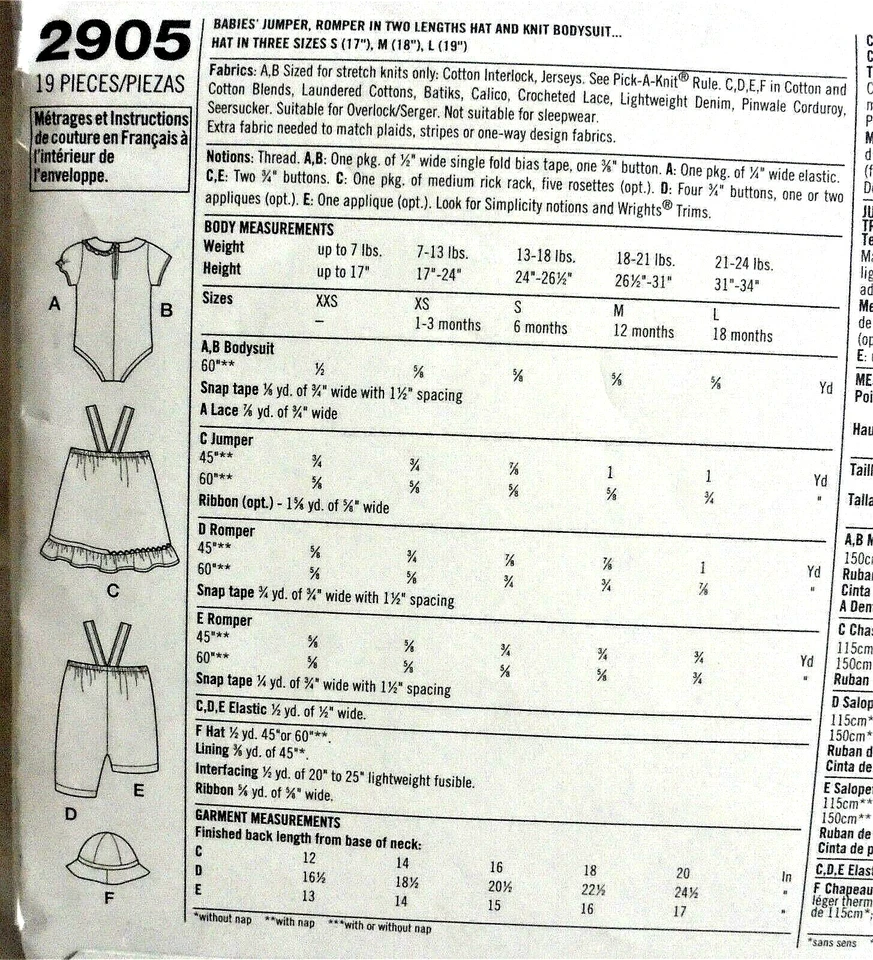 Simplicity 2905 Baby's Jumper, Romper, Hat, Bodysuit Pattern-XXS,XS,S,M,L/New/FF - Image 2 of 2