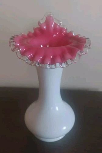 Fenton "Jack in the Pulpit" 9" Vase, Pink & White, Peach Blow Silver Crest