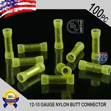 100 Pack 12-10 Gauge Wire Butt Connectors Yellow Nylon AWG Crimp Terminals US UL