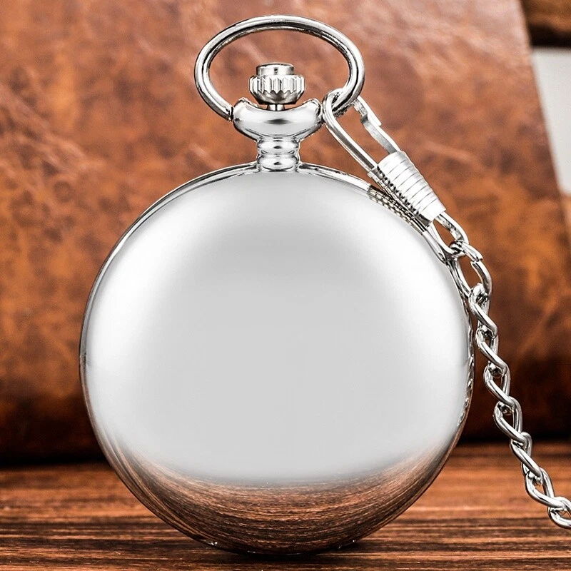 Classic Silver Smooth Pocket Watch Fob Chain Roman Numerals Dial