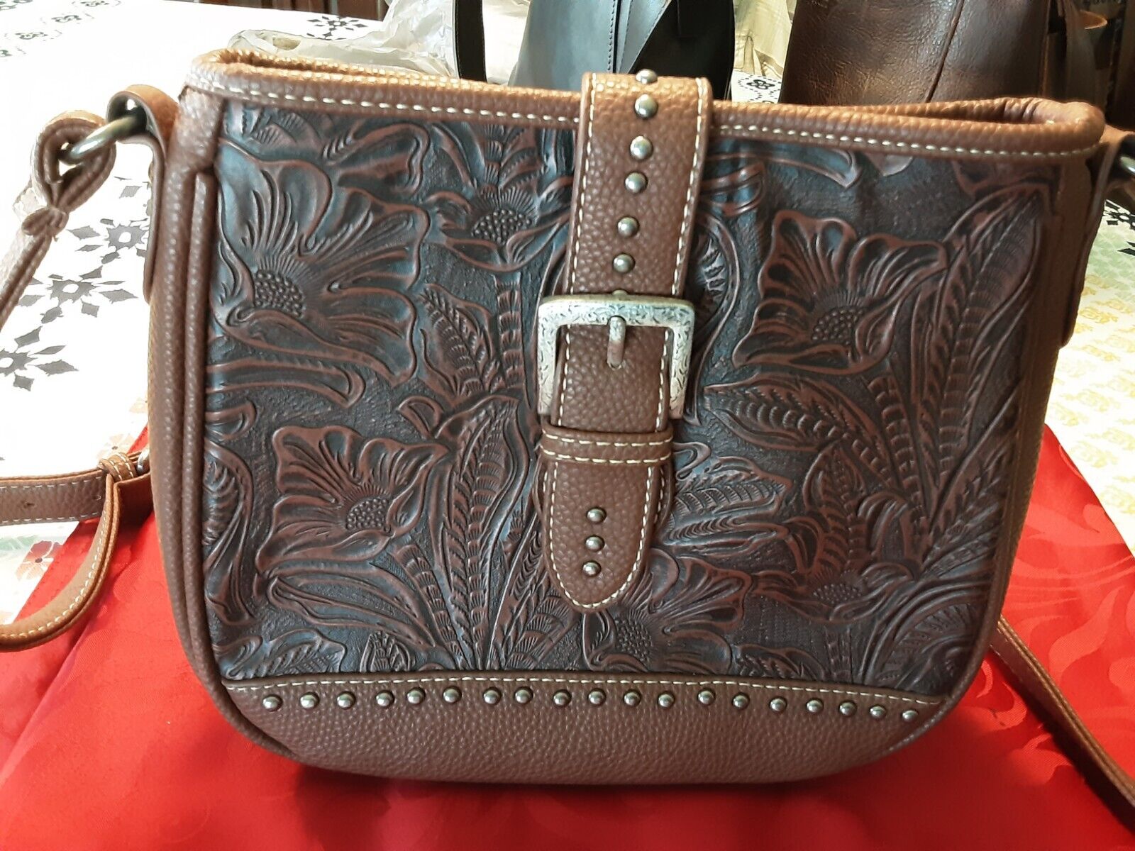 🔥TRINITY RANCH WOMEN'S BROWN TOOLED FLORAL LEATHER LARGE WESTERN BAG